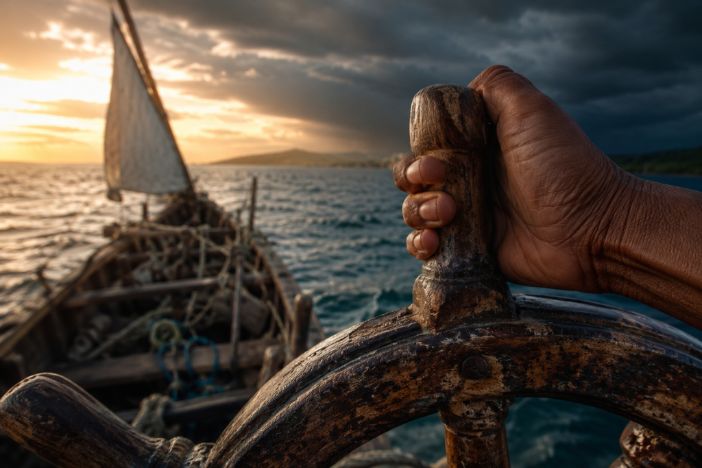 Hand on rudder steering boat