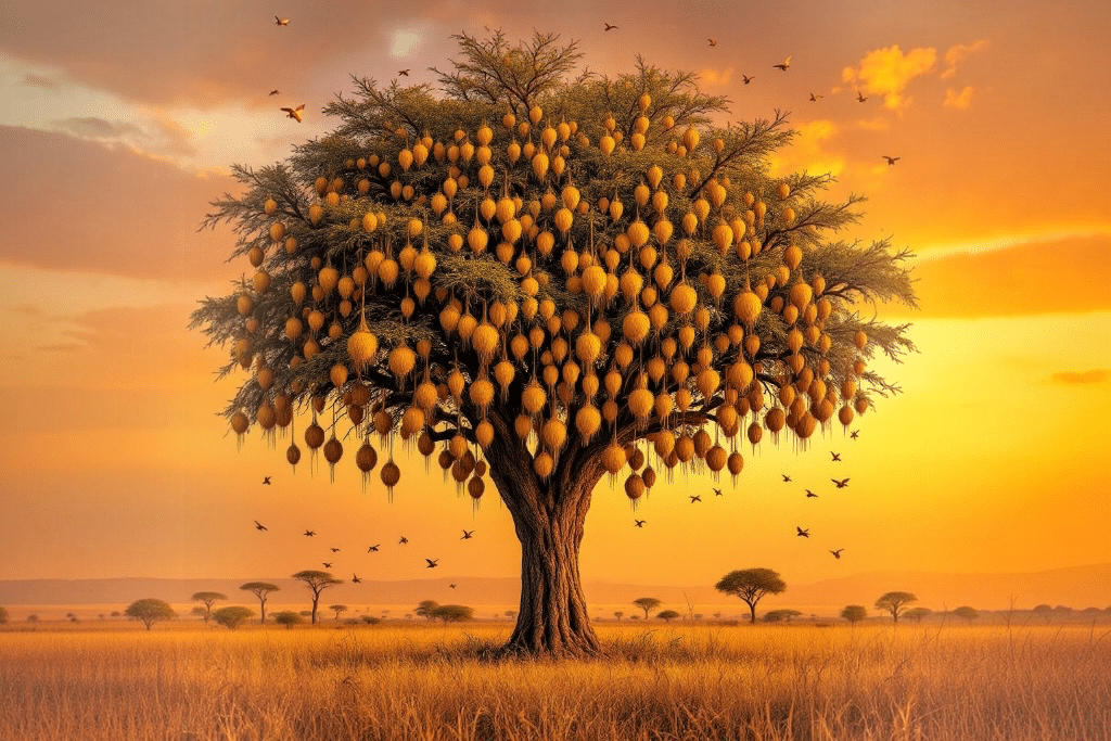 Weaver bird nests on trees