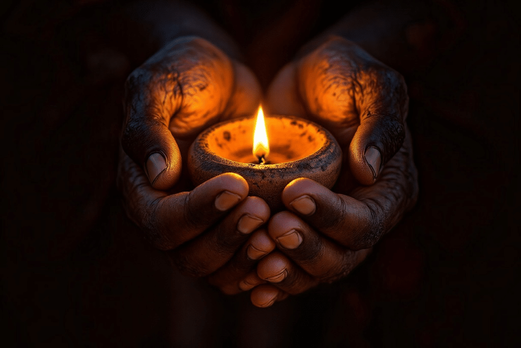 Scarred hands holding flame